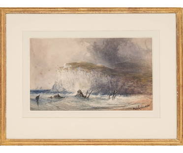 WILLIAM CALLOW WATERCOLOR: William Callow (1812-1908, UK) framed and matted watercolor titled "Freshwater Bay, Isle of Wight" with an Agnew's Gallery, London label, mounted in a gilt frame. 8.75" x 14.75" ss / 16.5" x 22" oa