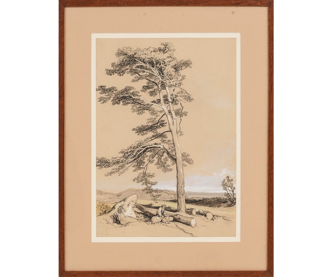 BRITISH SCHOOL GOUACHE: British School circa 1800 framed and matted gouache of a seated wood chopper. 14.75" x 10" ss / 20.5" x 16" oa