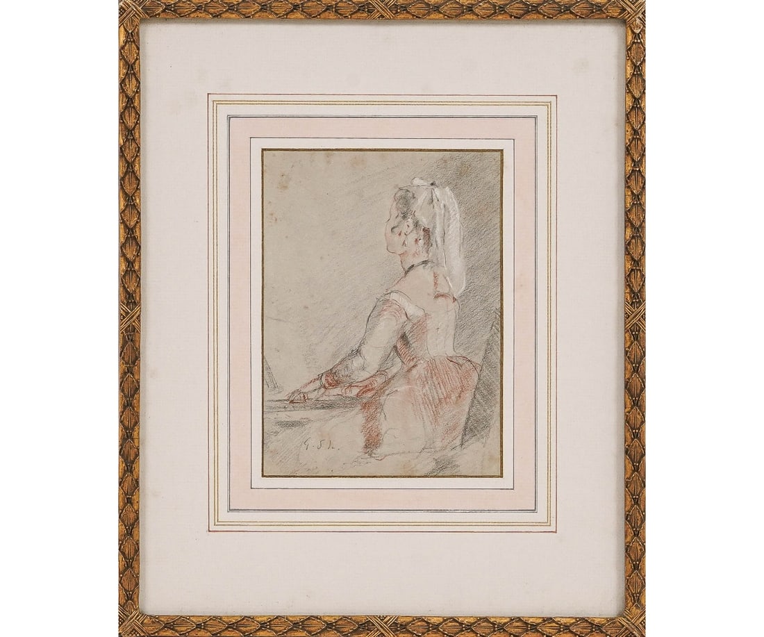GILBERT STUART NEWTON PASTEL: Gilbert Stuart Newton (1794-1835, Nova Scotia, MA, UK) framed and matted pastel, initialed with signature under matting, titled "Woman at Piano". 8" x 5.5" ss / 15" x 12" oa