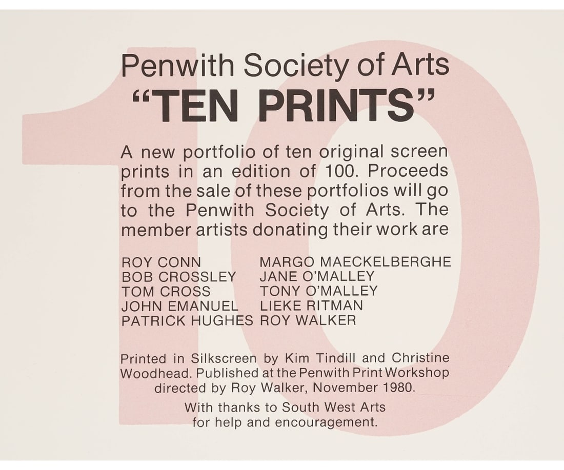 PENWITH SOCIETY OF ARTS FOLIO: Penwith Society of Arts folio titled "Ten Prints" to include: Roy Conn, Bob Crossley, Tom Cross, John Emanuel, Patrick Hughes, Margo Maeckelberghe, Jane O'Malley, Tony O'Malley, Lieke Ritman and Roy W