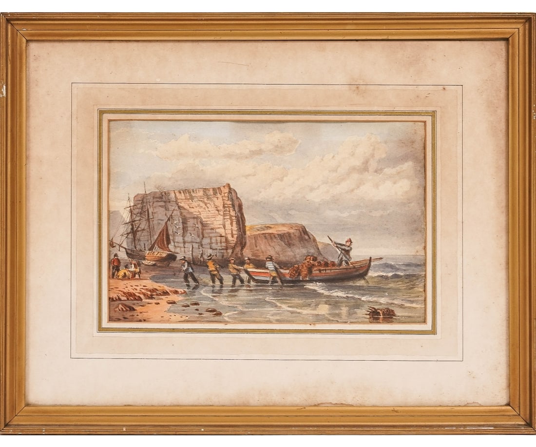 LUKE CLENNEL WATERCOLOR: Luke Clennel (1781-1840, UK) framed and matted watercolor of fishermen and boats, signed verso. 7.5" x 11" ss / 14" x 18" oa