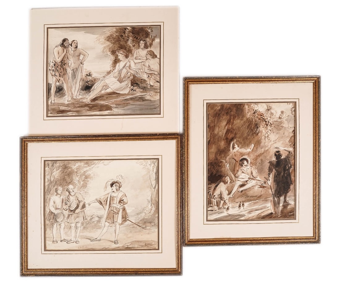 THREE CHARLES ROBERT LESLIE PEN & INK: Three Charles Robert Leslie (1794-1859, PA/UK) pen and ink with wash paintings, two framed and matted titled "Scene From the Winters Tale" and "Scene From the History of Don Raphael"; and the other un