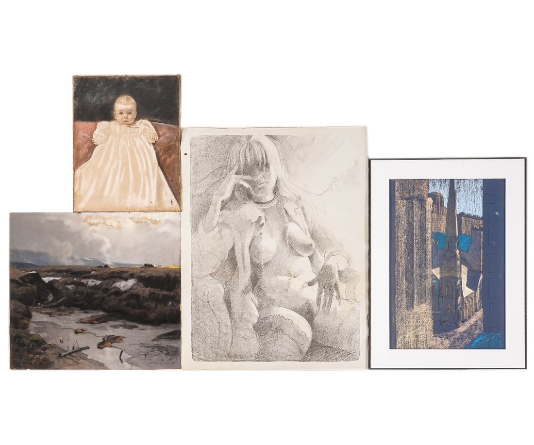 COLLECTION UNFRAMED PASTELS: Collection of unframed pastels including: artist Lora Banks building; a baby, signed; stormy sky and a large female nude (36" x 27"oa).