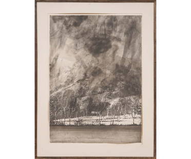 NORMAN ACKROYD ARTIST PROOF: Norman Ackroyd (b. 1938) large framed and matted limited edition artist proof titled "Snowstorm at Cartmel Fell 1996" edition of 90. 34" x 24.5" ss / 42.5" x 32.5" oa