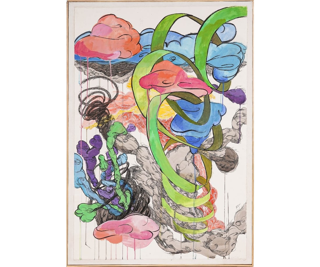 JOHN WILLIAMS PEN & INK: John Williams, contemporary artist, large pen/ink and watercolor on paper matted to canvas titled "Vapors". 46.5" x 33"