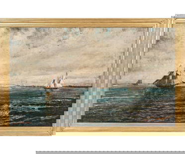 EDMUND DARCH LEWIS OIL ON CANVAS: Edmund Darch Lewis (1835-1910, PA) large oil on canvas of a schooner view of the Connecticut River mounted in a gilt frame, signed lower left and dated 1884.Provenance: Approved for deaccession from t