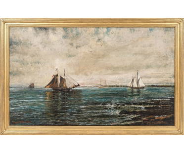 EDMUND DARCH LEWIS OIL ON CANVAS: Edmund Darch Lewis (1835-1910, PA) large oil on canvas of a schooner view of the Connecticut River mounted in a gilt frame, signed lower left and dated 1884.Provenance: Approved for deaccession from t