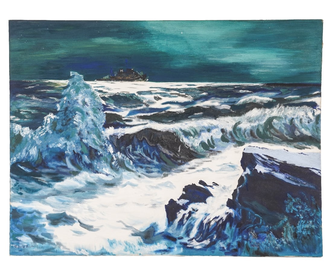 R. HARRIET BROOKS SEA SCAPE: R. Harriet Brooks artist, unframed painting of the Moran Tug at sea at night, signed lower left and dated 1961.Provenance: Approved for deaccession from the Independence Seaport Museum, Philadelphia, 