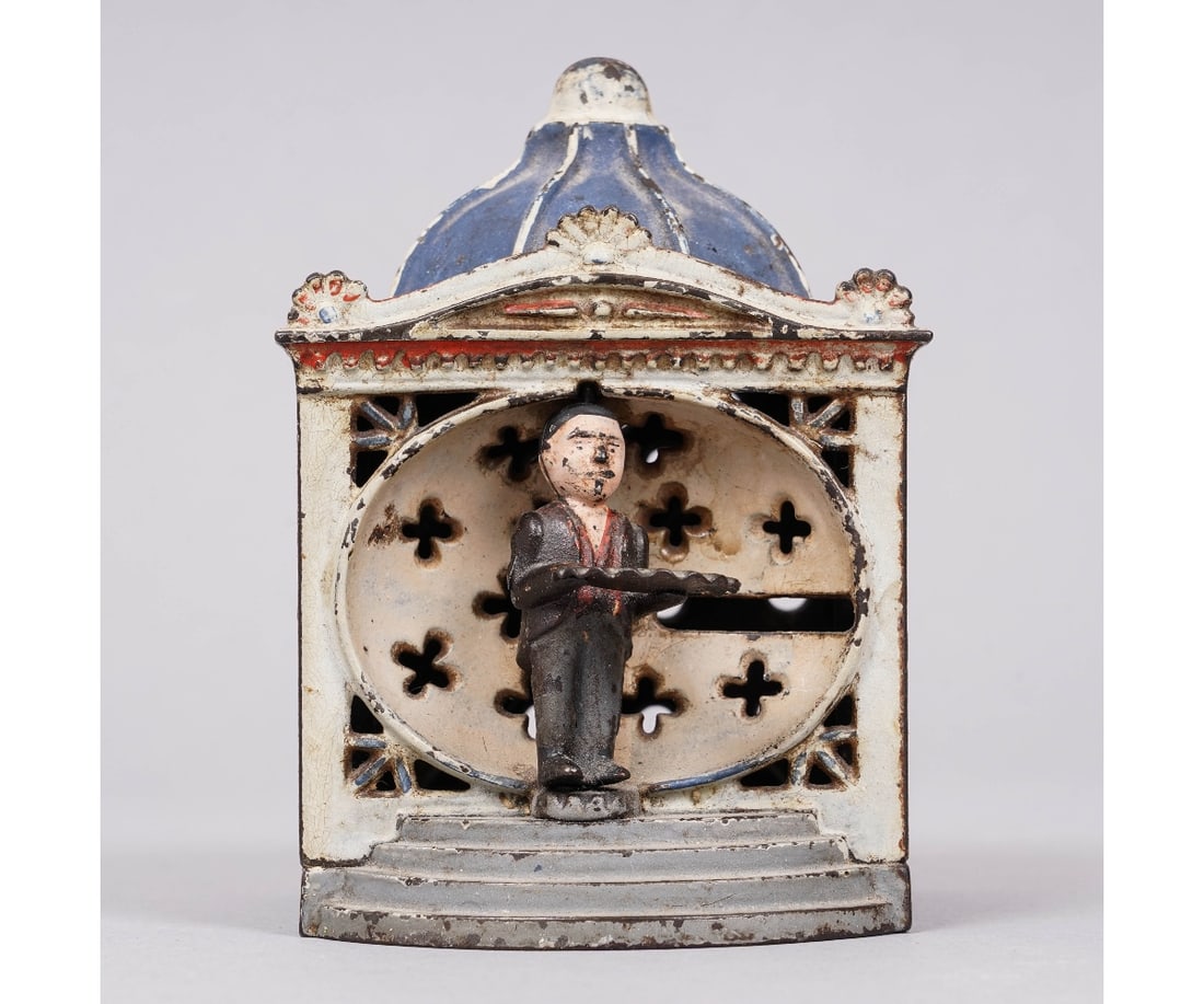 HALLS LILLIPUT BANK: Halls Lilliput bank pat. design July 27, 1875 with original paint decoration. 4.5"h x 3"w x 2.5"d