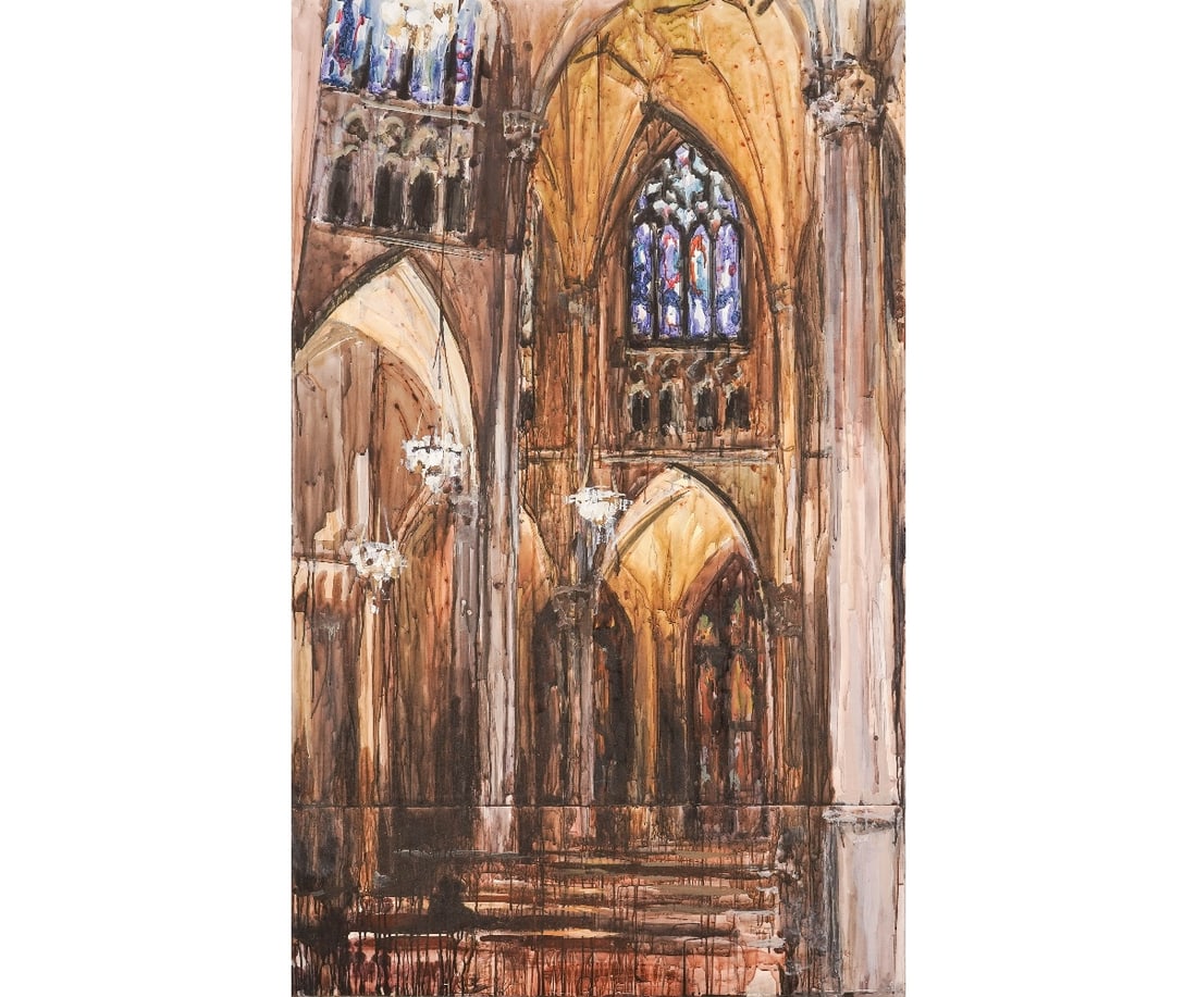 ANNA SHUKEYLO ACRYLIC: Anna Shukeylo large acrylic on plywood titled "Cathedral", signed verso. 58.75" x 36.25" oa