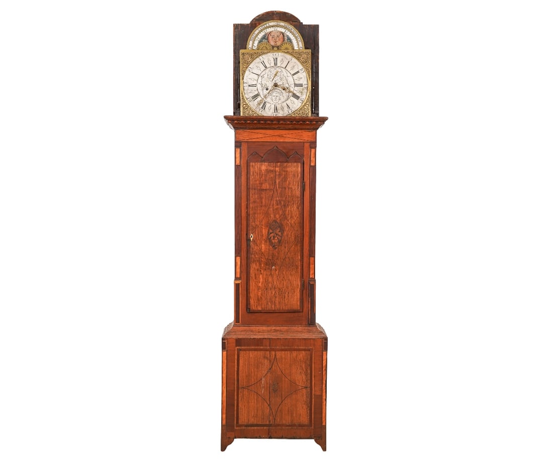 TALL CASE CLOCK BY HUDDERSFIELD: Tall case clock by John Varley Huddersfield, 8-day oak cased clock with moon dial and engraved face. 84"h x 19.75"w x 9"d