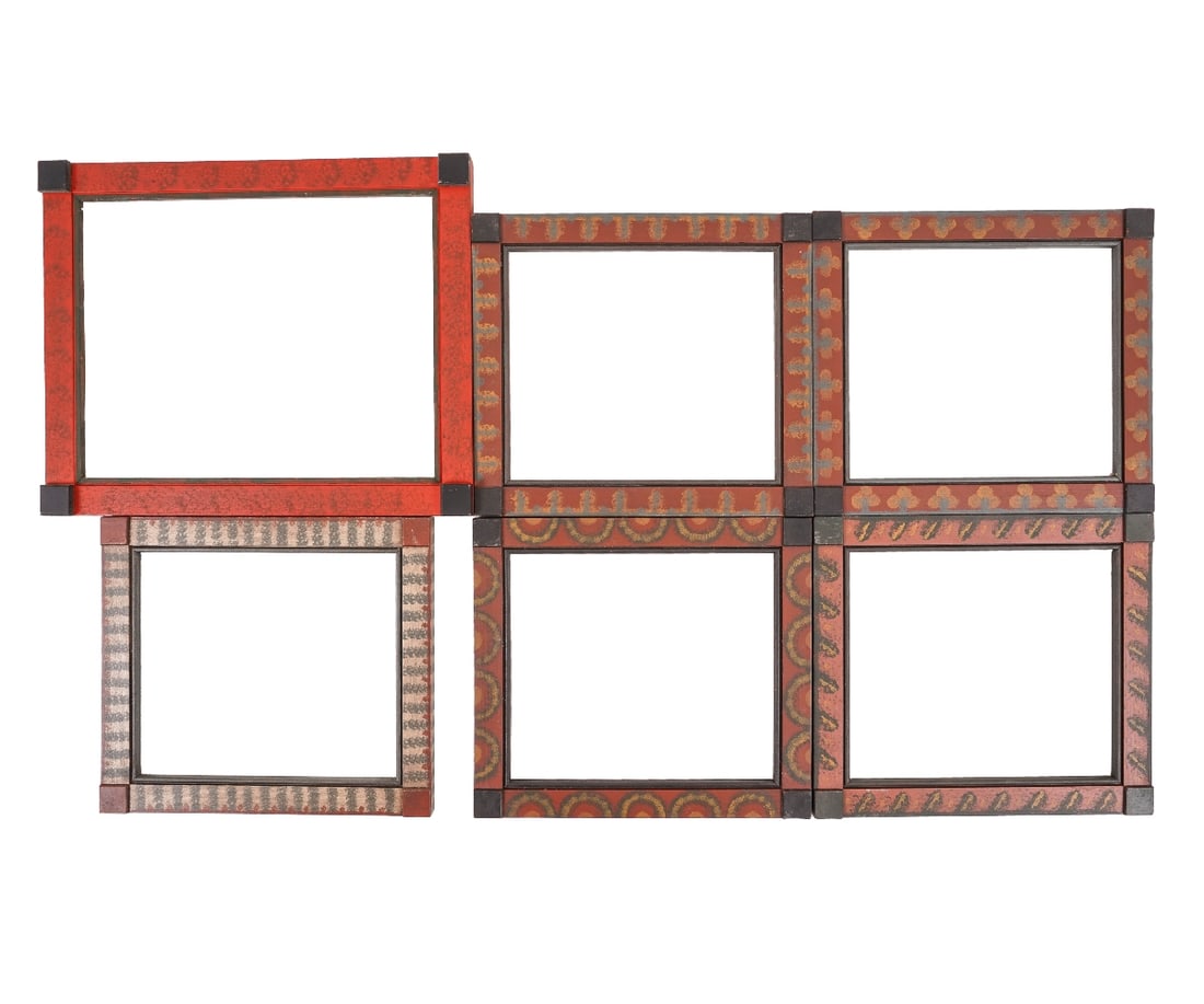SIX DAVID Y. ELLINGER FRAMES: Six David Y. Ellinger paint decorated picture frames, five very similar and a large red one. Although unsigned, they were found in Pottstown, PA. Largest: 15" x 18"