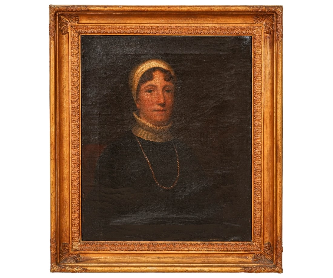 OIL ON CANVAS PORTRAIT: Oil on canvas portrait of a woman, early 19th c. wearing a lace collar and chain necklace, mounted in its original frame with illegible script verso. 29.75" x 24.75" ss / 38.5" x 33" oa
