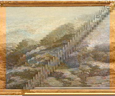 ERNEST ALBERT OIL ON CANVAS: Ernest Albert (1857-1946, American) framed and matted oil on canvas titled "Breakers on a Rocky Shore" signed bottom right. 39.75" x 49.75" ss / 46" x 55.5" oa