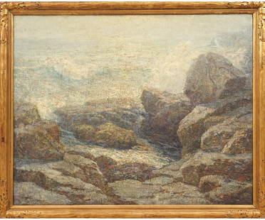 ERNEST ALBERT OIL ON CANVAS: Ernest Albert (1857-1946, American) framed and matted oil on canvas titled "Breakers on a Rocky Shore" signed bottom right. 39.75" x 49.75" ss / 46" x 55.5" oa