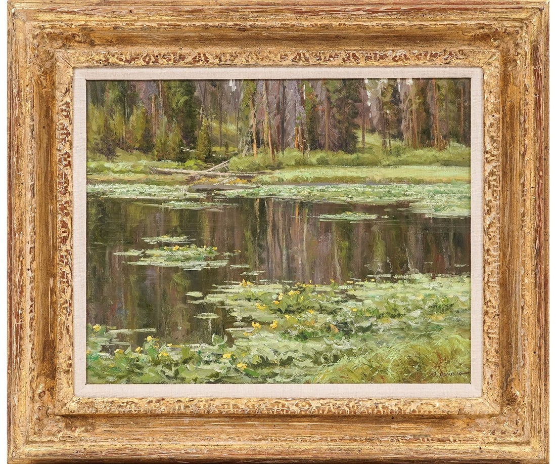 CLYDE ASPEVIG OIL ON CANVAS WATER LILIES: Clyde Aspevig (b.1951, MT) oil on canvas flowering water lilies titled "Green and Violet" 1985. 16" x 20" ss / 23.5" x 27.5" oa