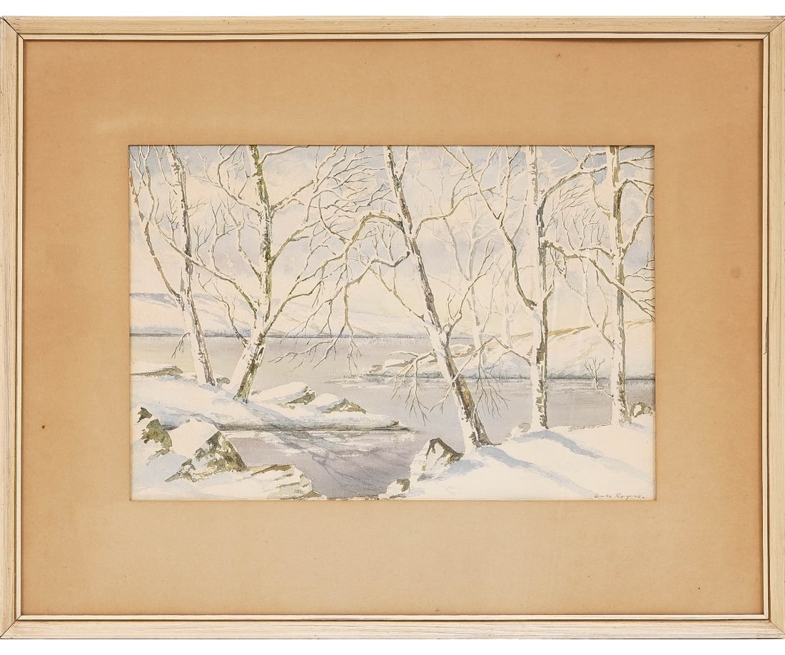 WINTER LAKE SCENE WATERCOLOR: Eric Rogers, artist, framed and matted water color of a winter lake scene. 12.5" x 18.75" ss / 22.25" x 28.25" oa