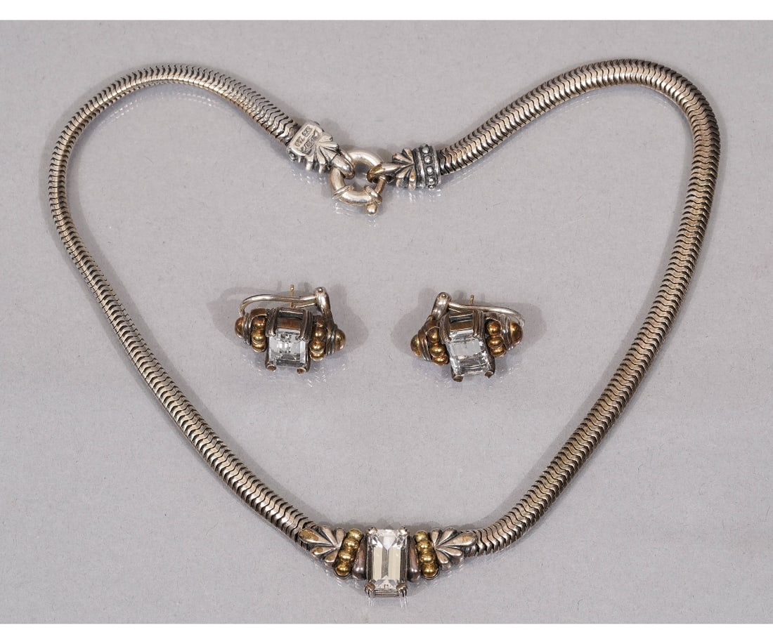 LAGOS NECKLACE AND EARRINGS: Lagos Caviar white topaz emerald cut 18k and 925 earrings and matching necklace with original boxes. Necklace: 14.5"l / Earrings: 1"h x .75"w (approx.)