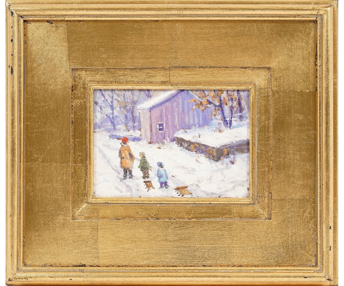 CHRISTOPHER WILLETT OIL ON MASONITE: Christopher Willett (b. 1959, American) oil on Masonite Impressionist snow scene titled "After Dinner Sledding River Road, Point Pleasant (NJ)". 4.75" x 6.75"ss / 12.5" x 14.5" oa