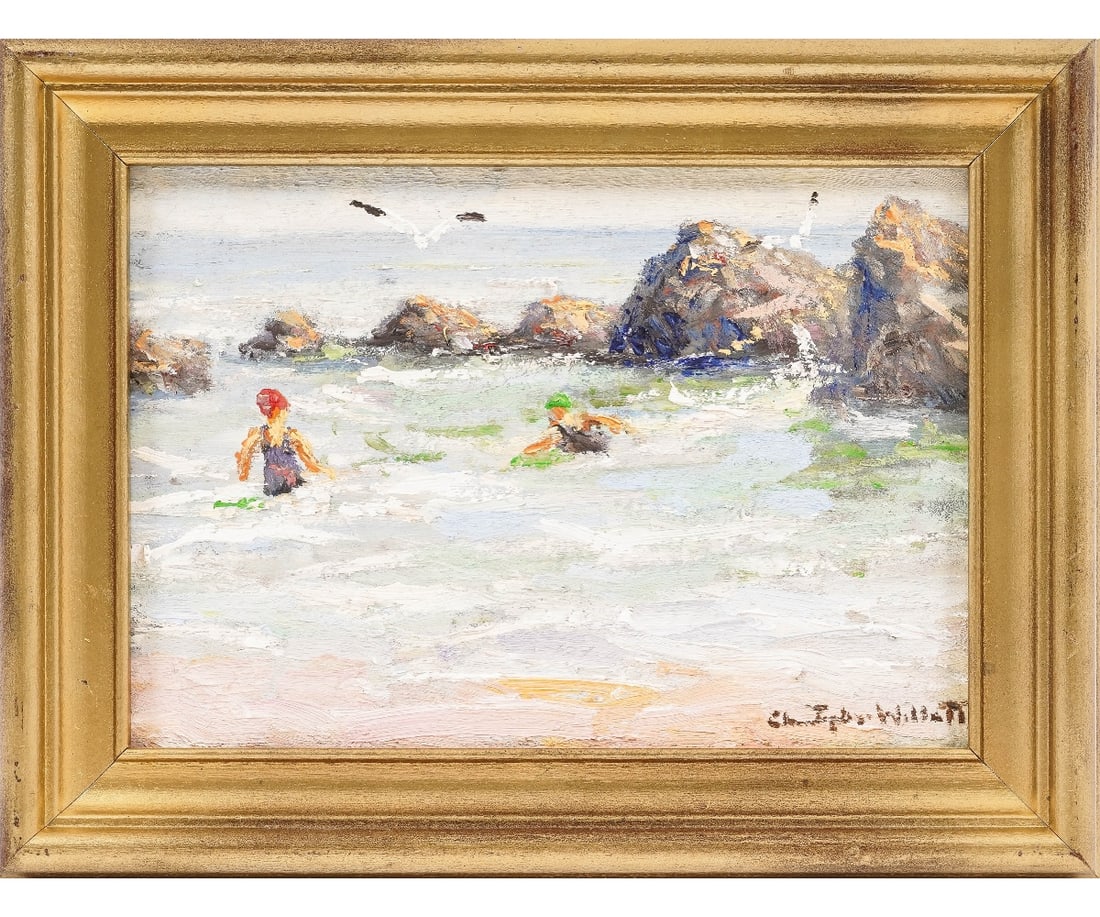 CHRISTOPHER WILLETT OIL ON MASONITE: Christopher Willett (b. 1959, American) oil on Masonite titled "Sisters Cape Ann, Gloucester, Mass." 4.5" x 6.5" ss / 6.5" x 8.5" oa