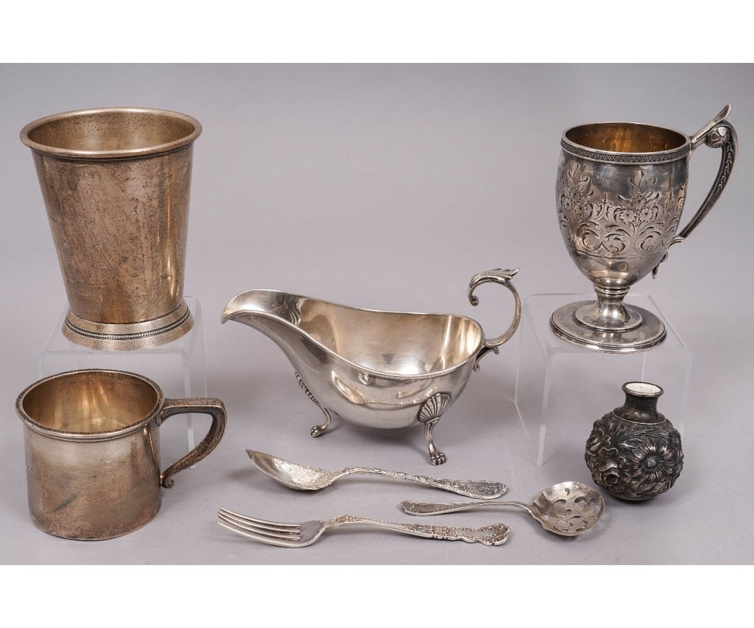 STERLING SILVER TABLEWARE: Sterling silver tableware to include a mint julep cup, gravy boat etc. Mint julep cup: 4.5"h / 23 Troy oz