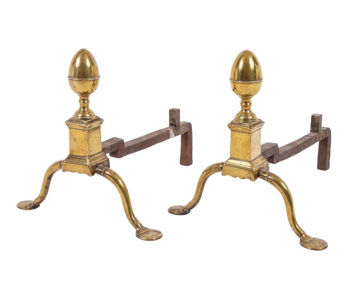 PAIR ENGLISH ANDIRONS: Pair of English brass andirons circa 1790, with penny feet. 10.5"h x 10.5"w x 14"d