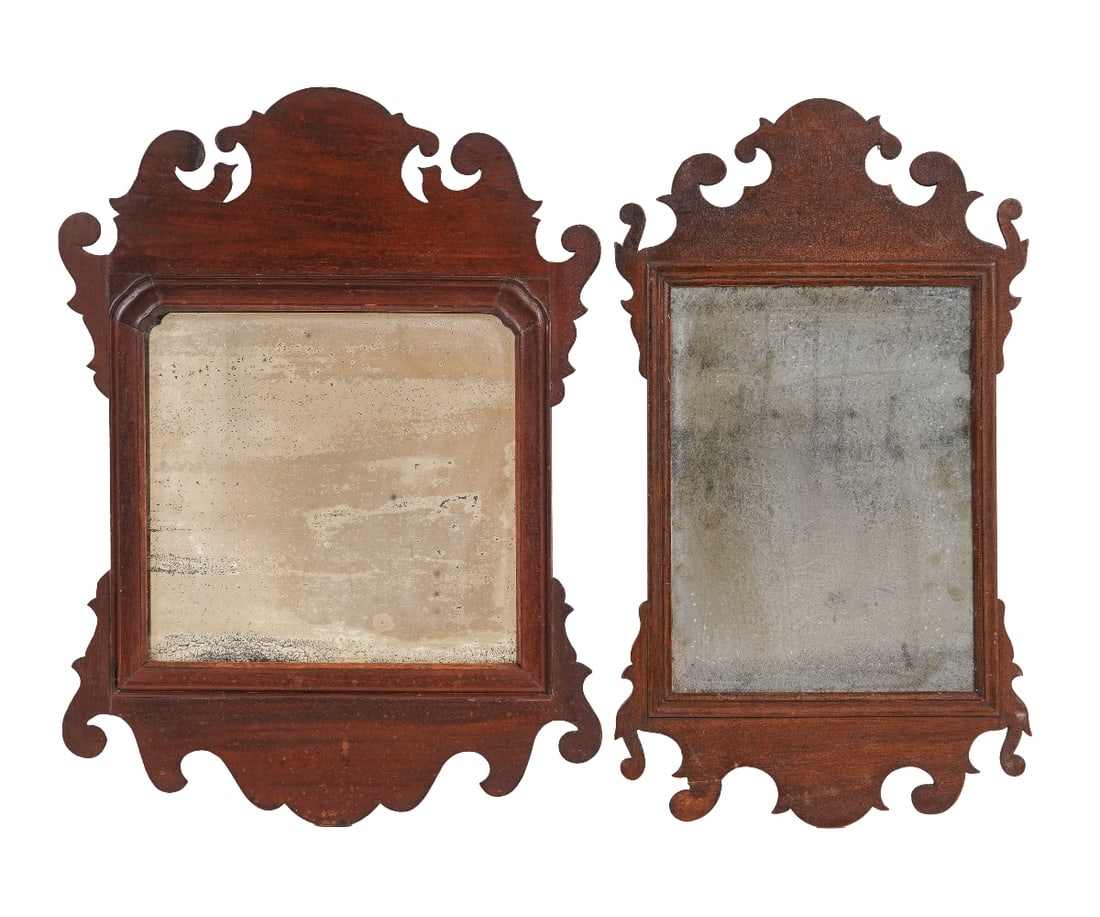CHIPPENDALE MAHOGANY MIRROR: Chippendale mahogany mirror circa 1780, with carved crest (lower left ear repaired); together with a slightly larger example (missing back board). Largest: 21" x 15.25"