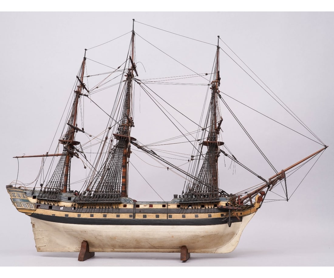 SHIP MODEL DUTCH FRIGATE: Finely detailed wood ship model of an 18th c. Dutch frigate with authentic coloring, 20th c. construction. Provenance: Approved for deaccession from the Independence Seaport Museum, Philadelphia, PA w