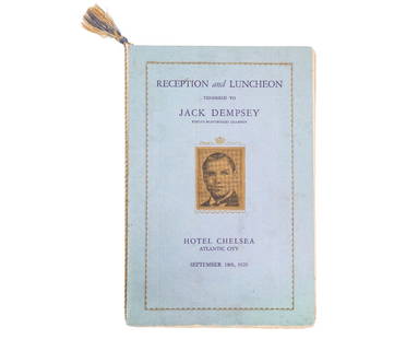 SIGNED JACK DEMPSEY LUNCHEON PROGRAM: William Harrison "Jack" Dempsey American professional boxer competed 1914-1927, World Heavyweight Champion 1919-1926, blue covered "Reception and Luncheon Program tendered to Jack Dempsey, World's Hea