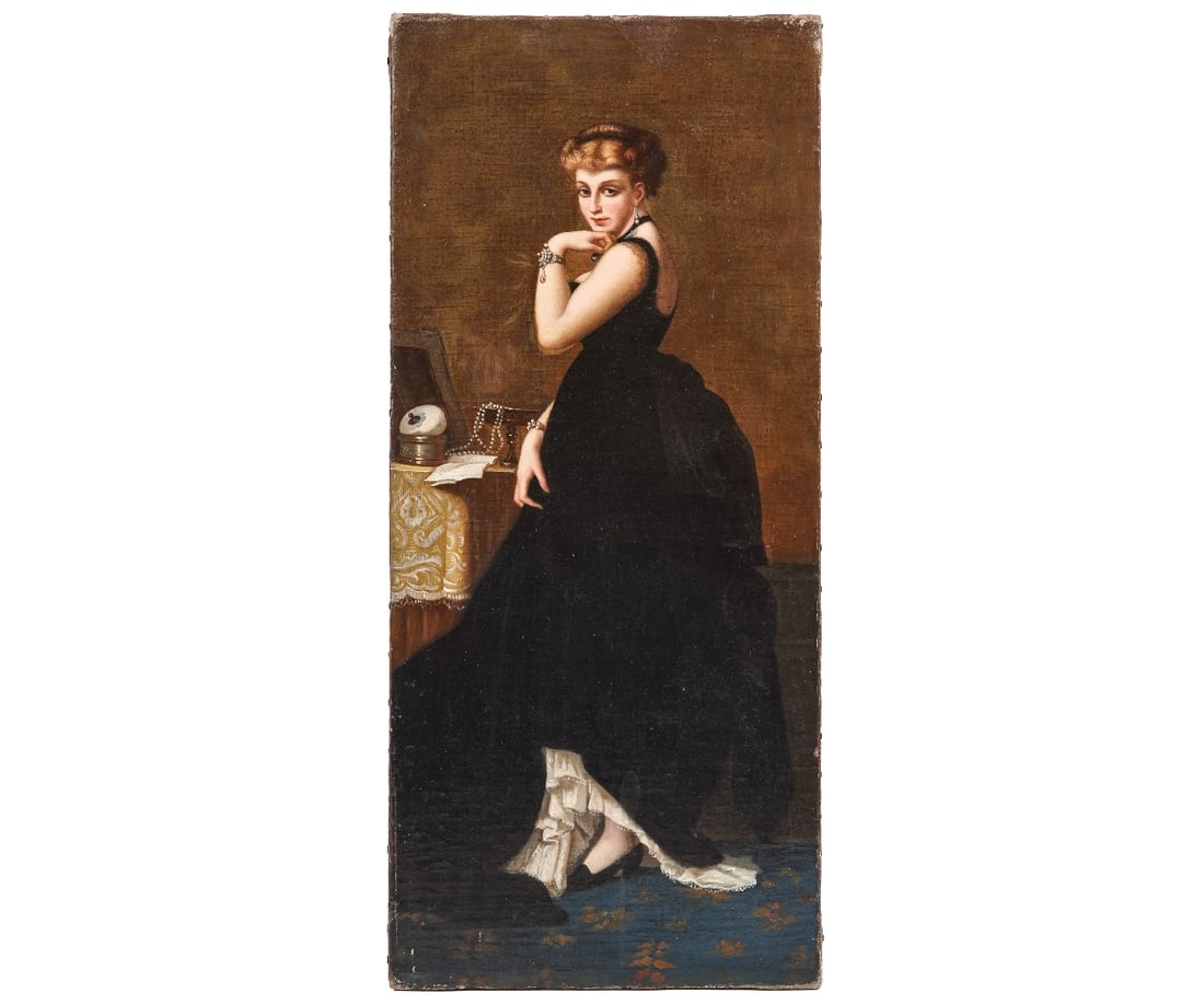 OIL ON CANVAS PORTRAIT OF A VICTORIAN WOMAN: Unframed oil on canvas portrait of a young Victorian woman dressed in formal attire, signed in Italian indistinctly verso. 28.5" x 12.5"