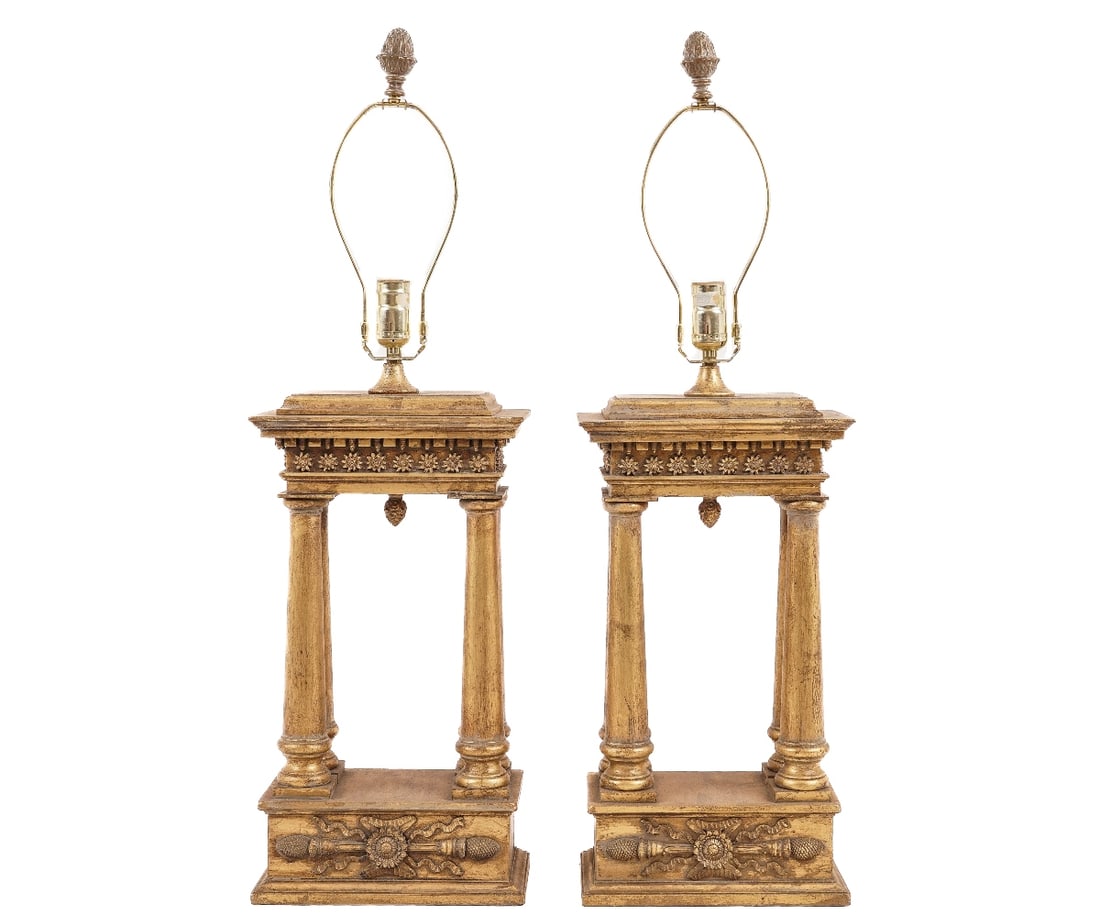 PAIR MAITLAND SMITH PORTICO LAMPS: Pair of Maitland Smith French Empire style wood gilt portico lamps. 21"h x 10"l x 6"d