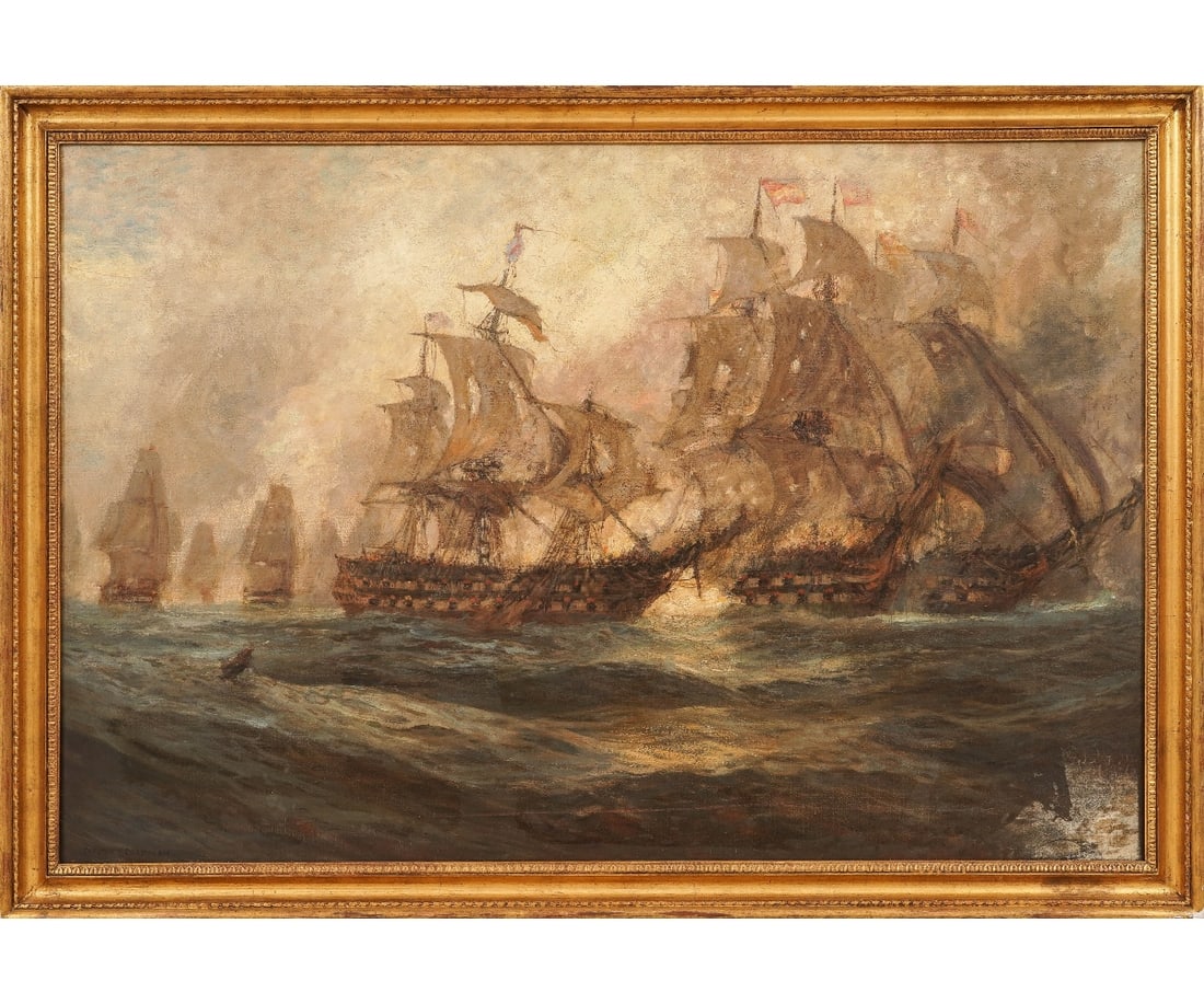 CARLTON T. CHAPMAN OIL ON CANVAS: Carlton Theodore Chapman (1860-1925, American) oil on canvas frigates in a naval battle. 31" x 47" ss / 36" x 52" oa