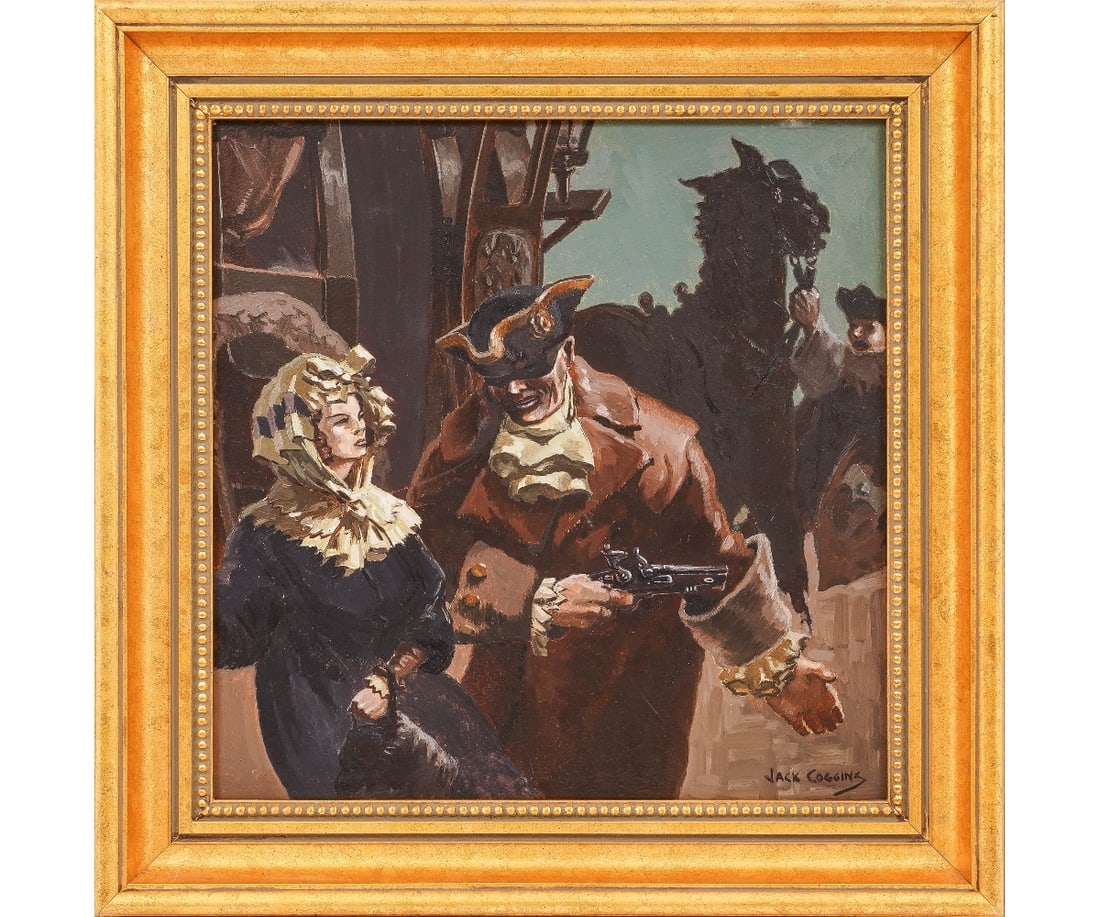 JACK BANHAM COGGINS OIL: Jack Banham Coggins (1912006, NY/PA) oil on artist board titled "Courtesan and Companion" mounted in a gilt frame. 11.5" x 11.5" ss / 15.75" x 15.75" oa