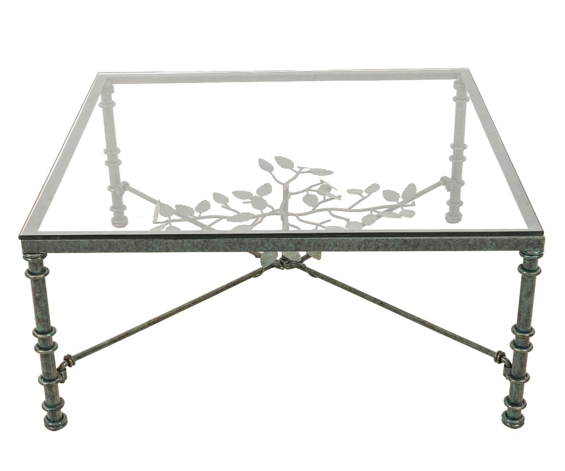 GREEN IRON AND GLASS COFFEE TABLE: Green powder coated metal 'Tree-of-Life' square table with glass top. 16.5"h x 36"w x 36"d