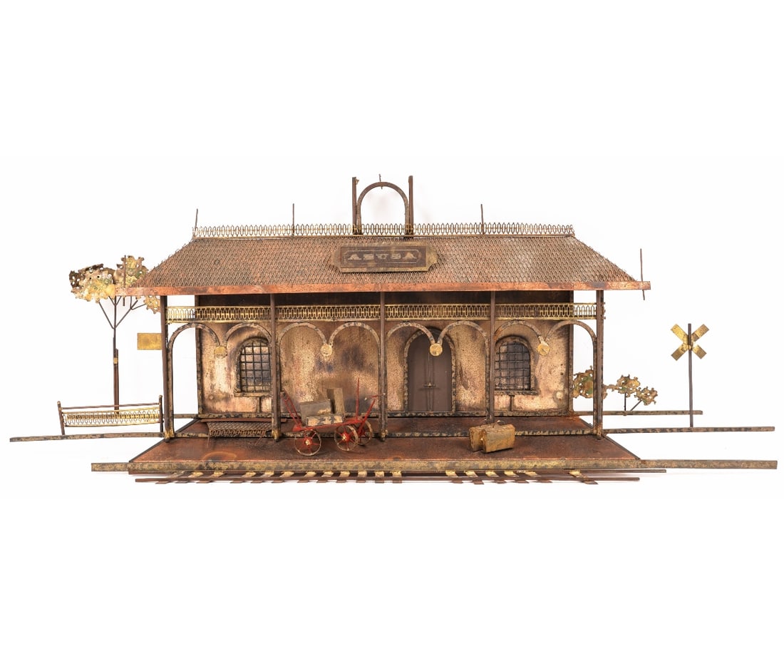 METAL WALL SCULPTURE: Brass/metal whistle stop wall sculpture signed Curtis Jere' with tracks and lugging wagon. 15"h x 46"w x 8"d
