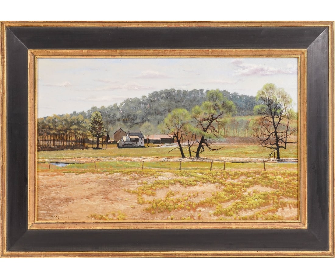 PETER SCULTHORPE ORIGINAL OIL: Peter Sculthorpe (b. 1948, Canadian) original oil on rag panel of a country farm in early spring titled "Spring at Elkins" dated 1996. Provenance: Property of a country gentleman 14.5" x 23.25" ss / 2