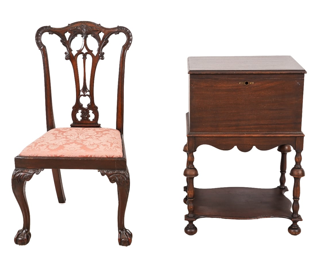 WILLIAM & MARY STYLE HUMIDOR etc.: William & Mary style mahogany humidor, circa 1920's, with mirrored interior and lidded top; together with a Chippendale style mahogany side chair. Chair: 33"h x 22"w x 16"d