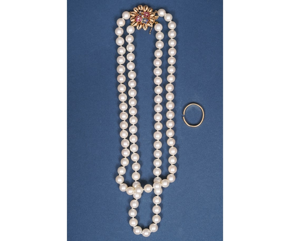 DOUBLE STRAND PEARL NECKLACE etc.: Double strand cultured pearl necklace with 92 pearls (7.50mm each), the clasp 14k with 9 blue sapphires (2.00mm each), 10 pink sapphires (2.00mm) and 5 single cut diamonds (.13ctw); together with a 14