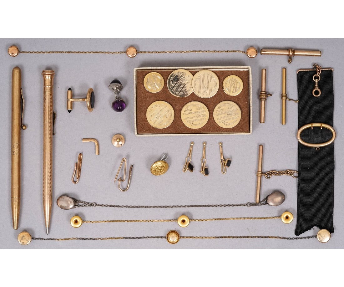 14K GOLD STUDS etc.: Two 14k gold studs on chains, longest 10"l (total 5 dwt); together with gold filled men's jewelry.