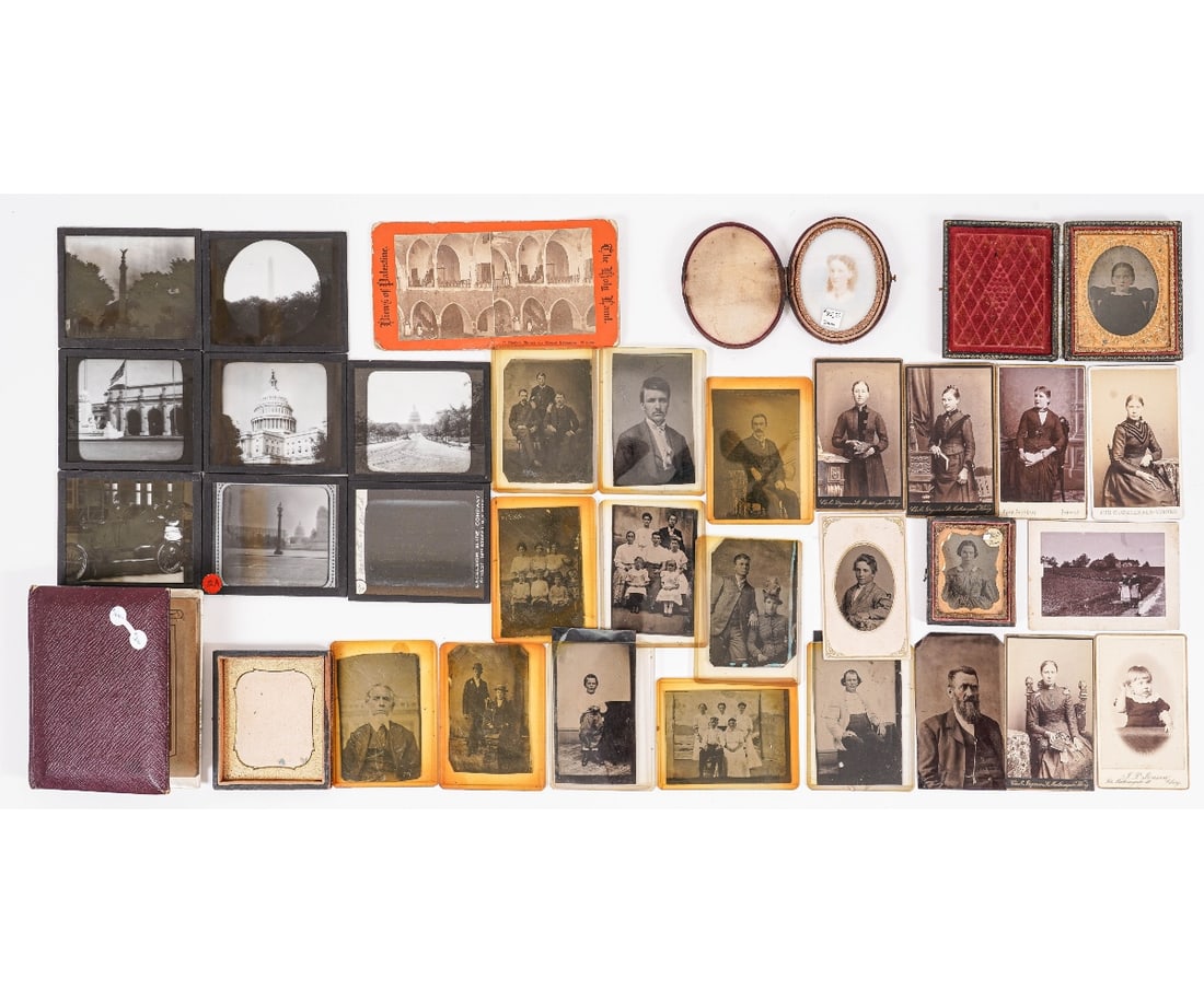 VINTAGE PHOTOGRAPHS: Collection of vintage photographs, approximately 33 images, mostly glass plates of buildings, people etc. Orange postcard: 7"h x 3.5"w