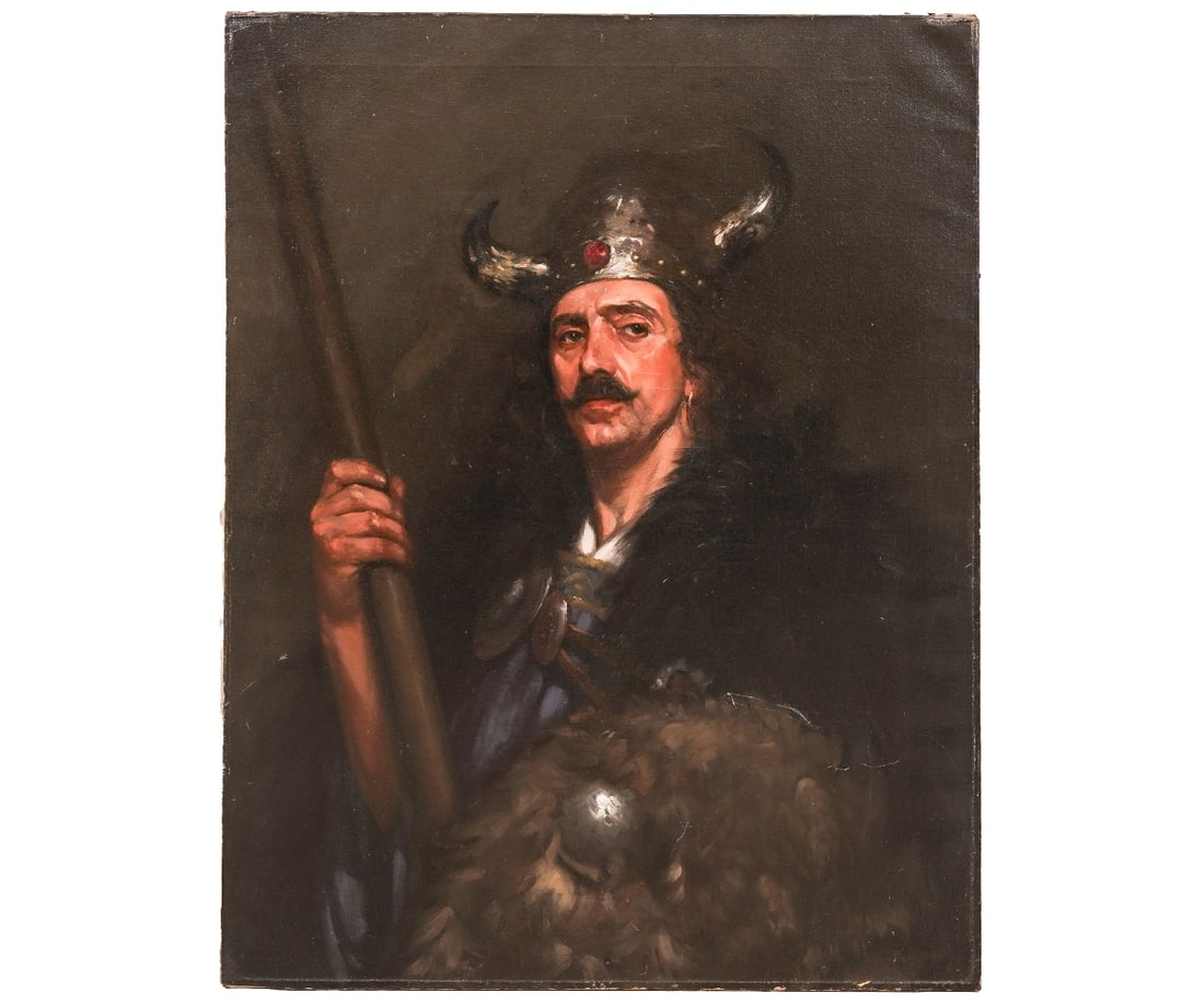 UNFRAMED PORTRAIT: Unframed oil on canvas portrait of a warrior with horned helmet, shield and spear, circa 1900. 36" x 28" oa