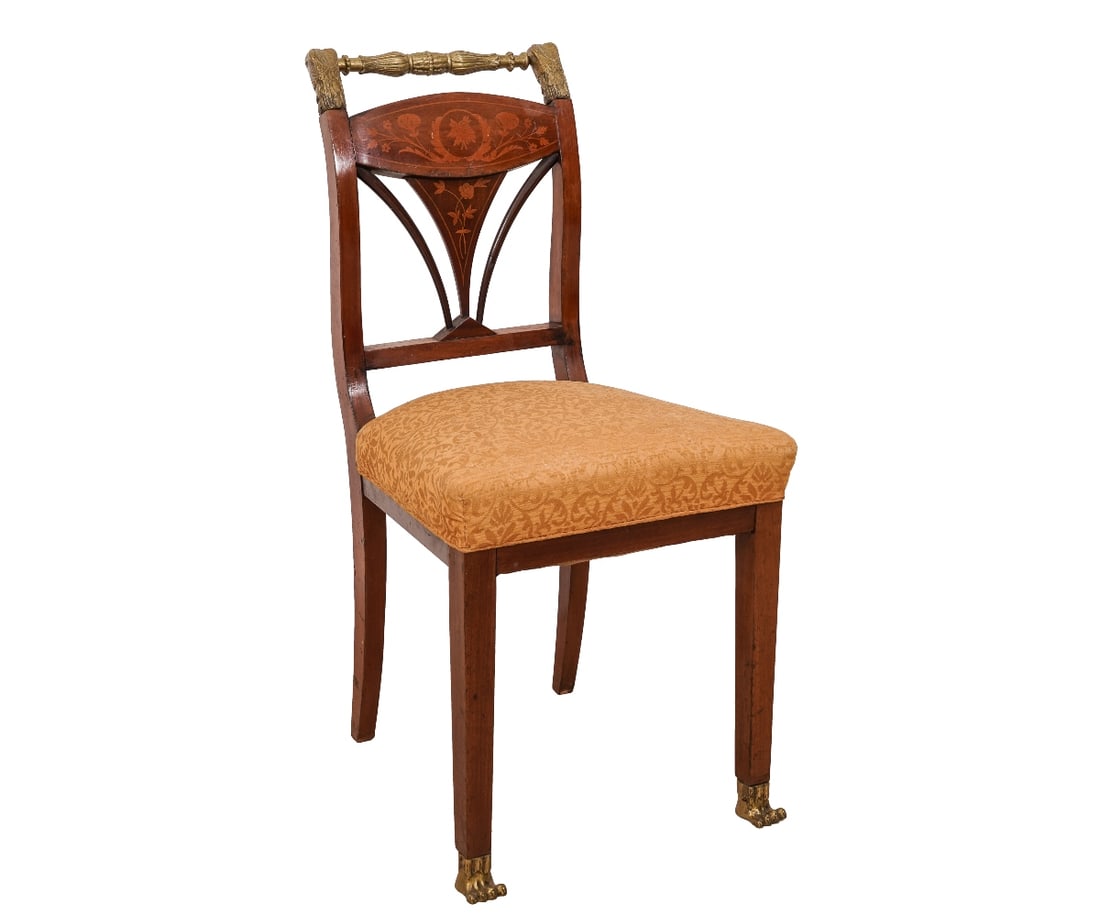 ITALIAN MARQUETRY CHAIR: Italian marquetry inlaid side chair, 19th c., with brass eagle, rail crest and paw feet with damask upholstery. 37"h x 18"w x 18"d / 19" SH