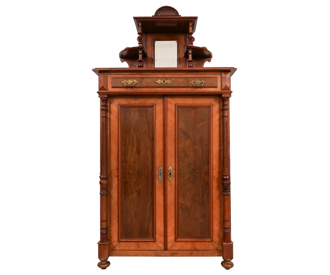 GERMAN HAT CABINET: Men's German fruitwood hat cabinet, circa 1880, with beveled glass mirror. 81"h x 38.5"w x 18"d
