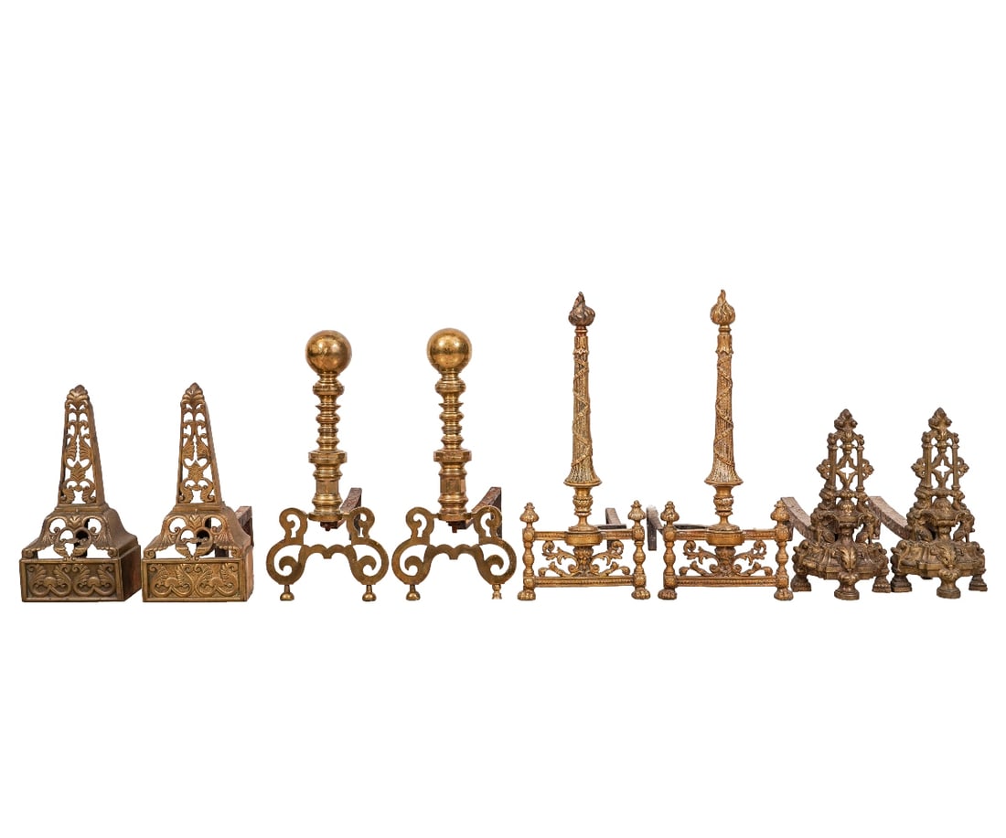 BRASS ANDIRONS: Set of four brass andirons, 19/20th c., to include a French example with flame finials. Tallest: 20.25"h x 8"w x 14.5"d
