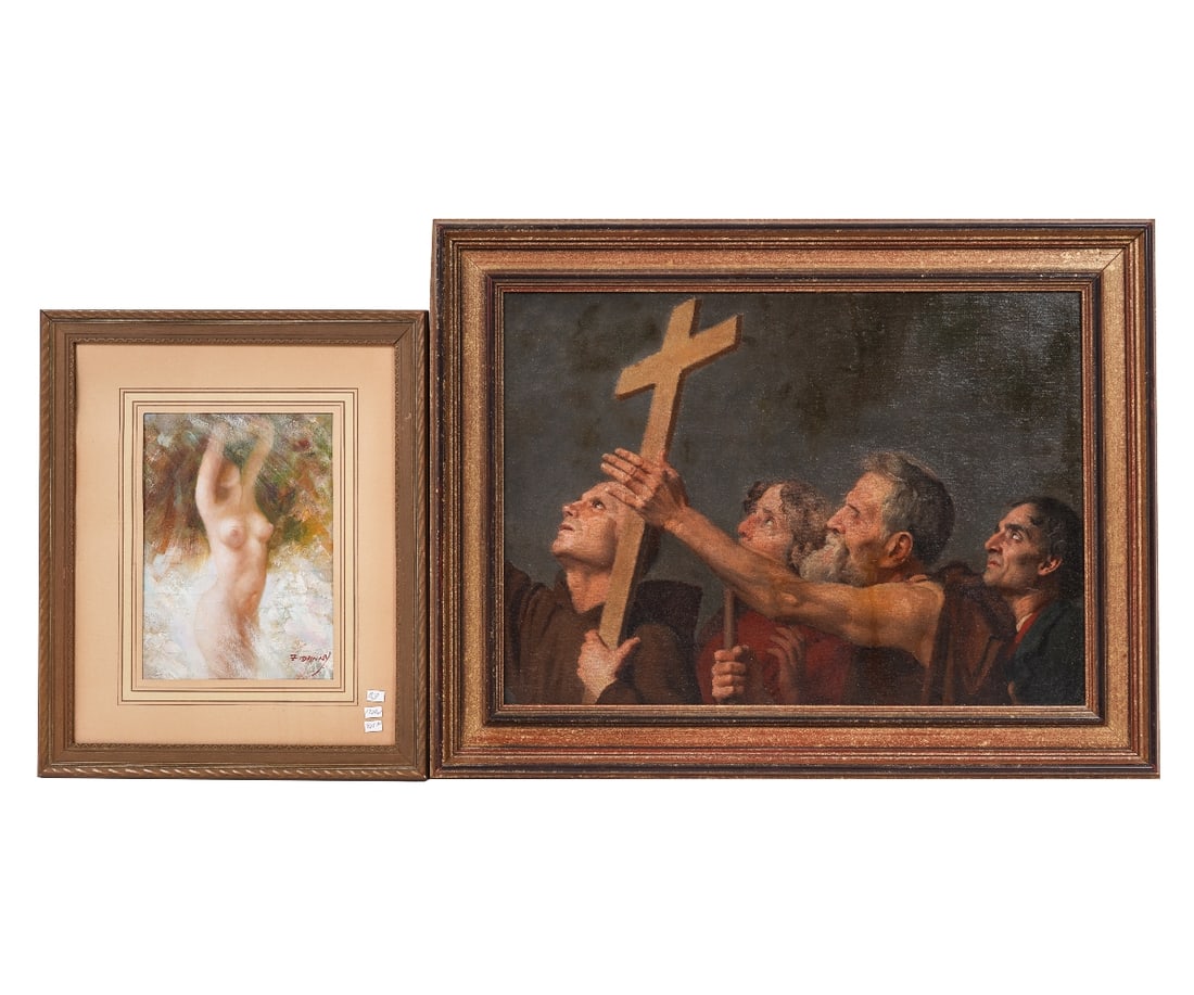 OIL ON CANVAS & GOUACHE: Two pieces of art to include a female nude gouache; together with an oil on canvas of "The Adoration of Christ" by C.H. Michael, 15" x 21.5" oa
