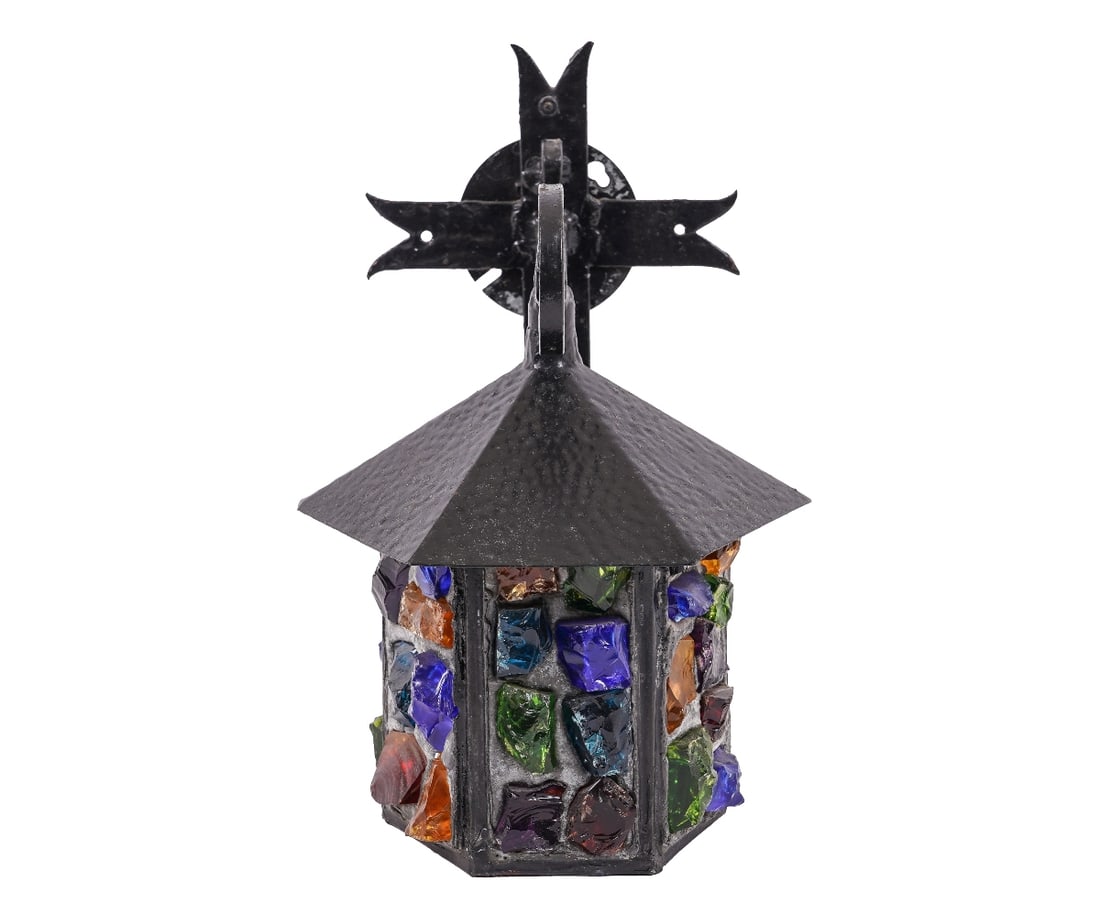 PETER MARCH STYLE LANTERN: Peter March style hammered metal lantern with colorful leaded chunk glass. 12.5"h x 9"w x 10"d