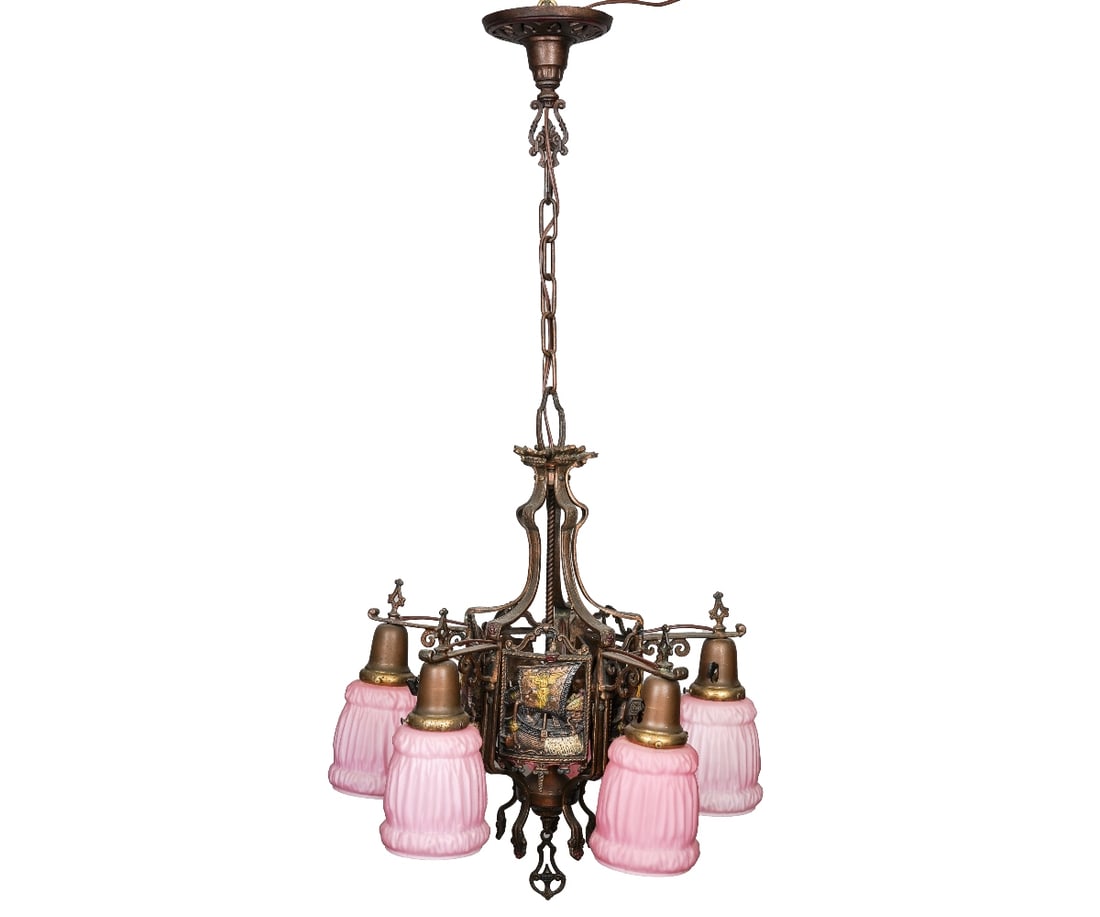 SPANISH REVIVAL FIGURAL CHANDELIER: Spanish revival wrought iron chandelier decorated with Spanish galleon ships, five pink satin glass shades, circa 1920. 40"h (to cap) x 18"dia