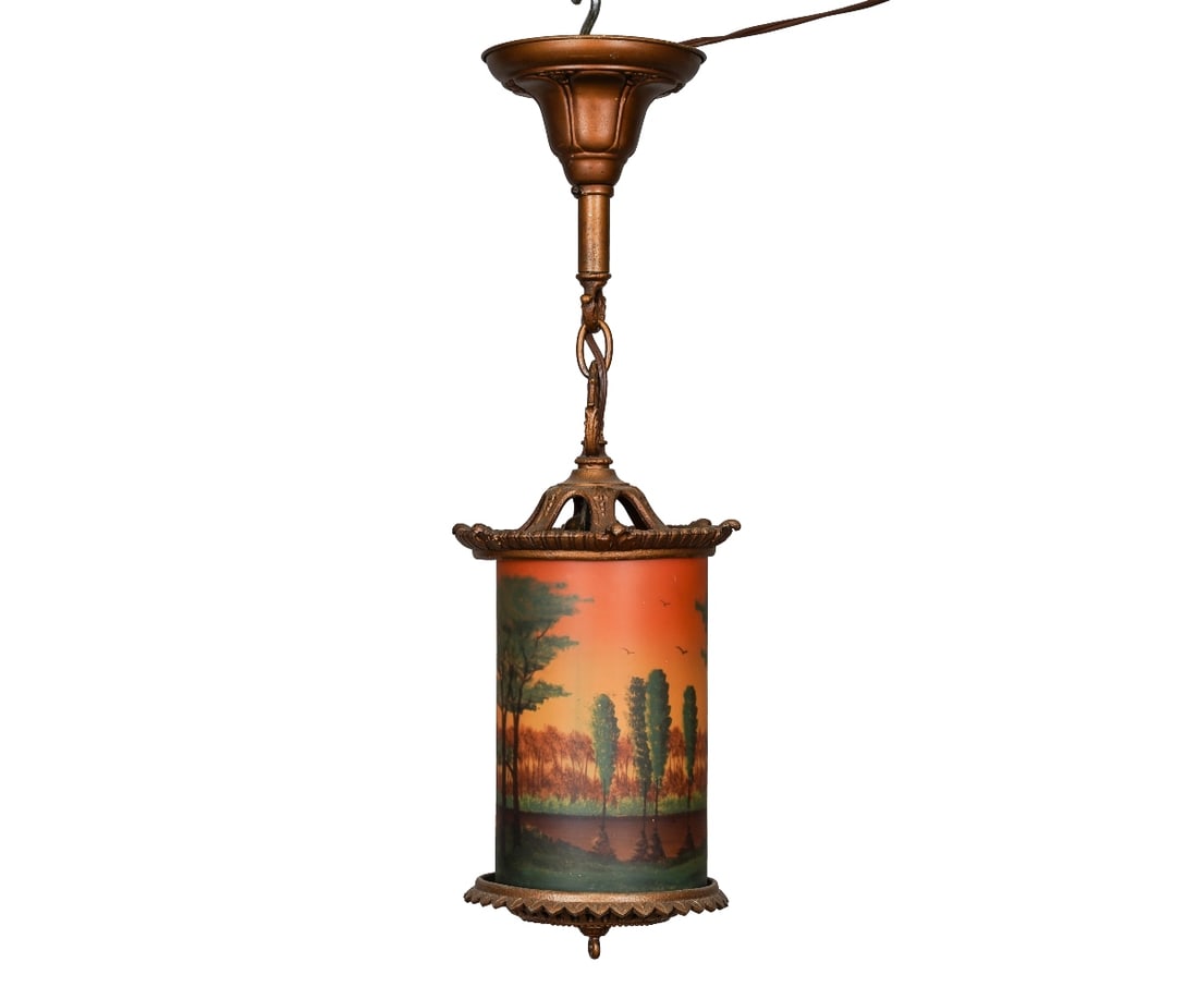 REVERSE PAINTED CHANDELIER: Cylindrical glass reverse painted landscape scene chandelier, circa 1920's. 21.5"h x 7"dia