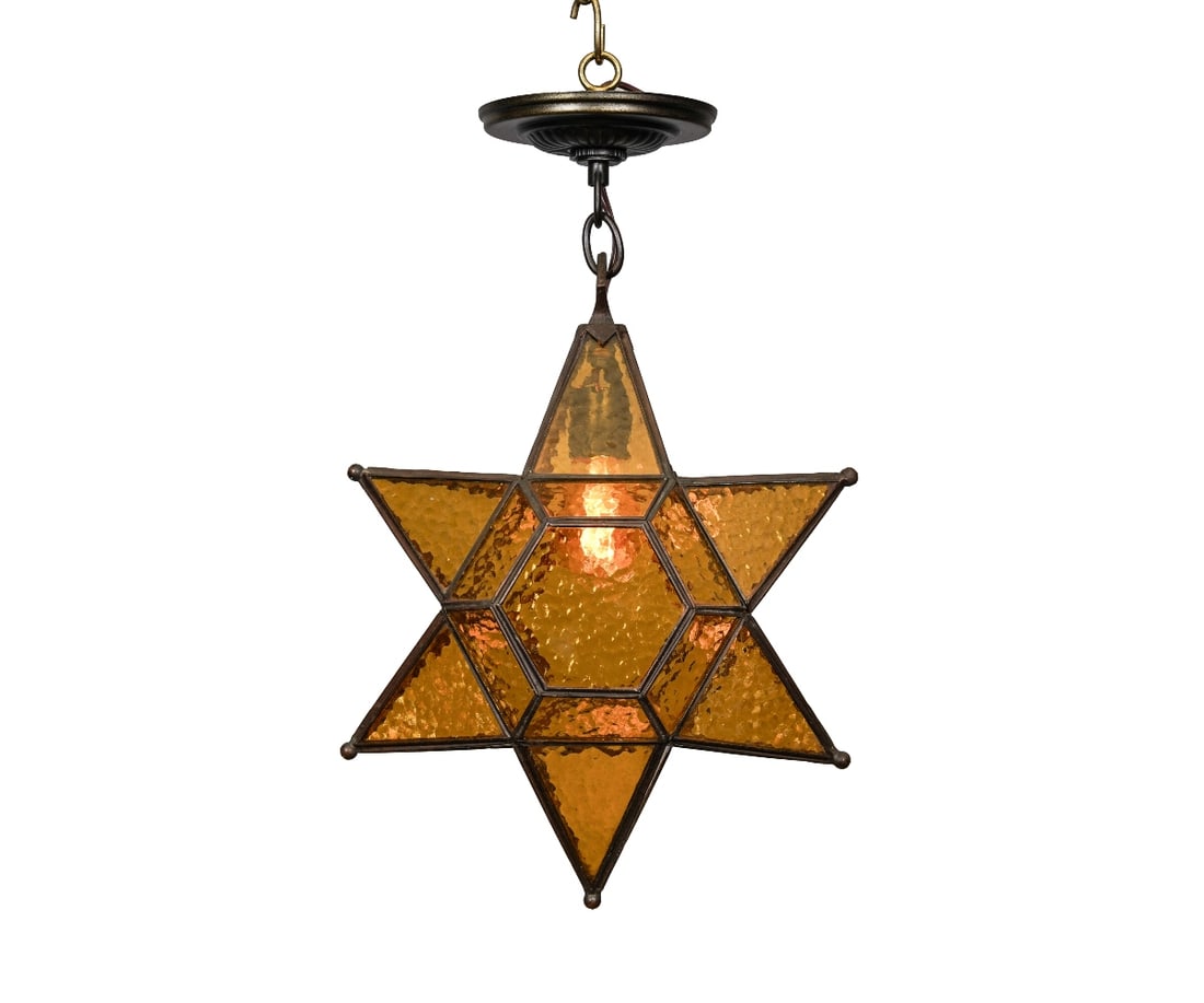 LEADED GLASS HANGING LAMP: Leaded glass star hanging hall lamp. 16.5"h x 11"w x 5"d