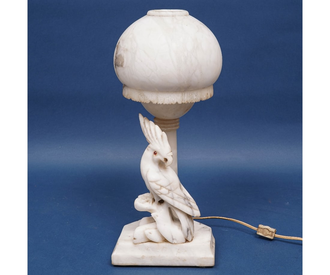 ALABASTER PARROT LAMP: Italian alabaster carved parrot lamp, circa 1920. 16.5"h x 6.5"w x 5"d